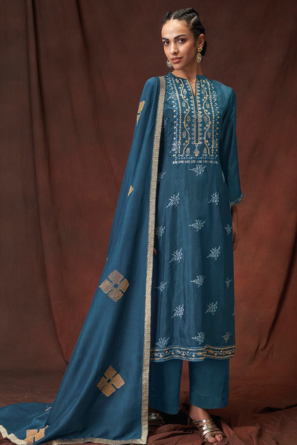 Blue Bemberg Silk Embroidered Top With Viscose Jacquard Dupatta