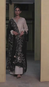 Milky White and Black Woven Chanderi Jacquard Kurta With Semi Sharara Bottom With Black Embroidered Organza Dupatta