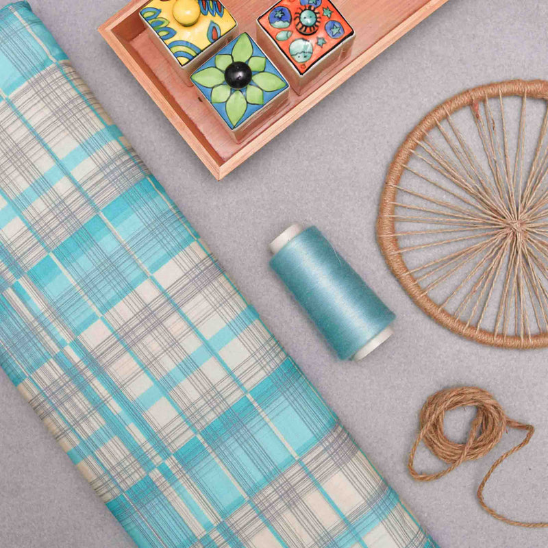 Blue Checkered Screen Printed Cotton Fabric