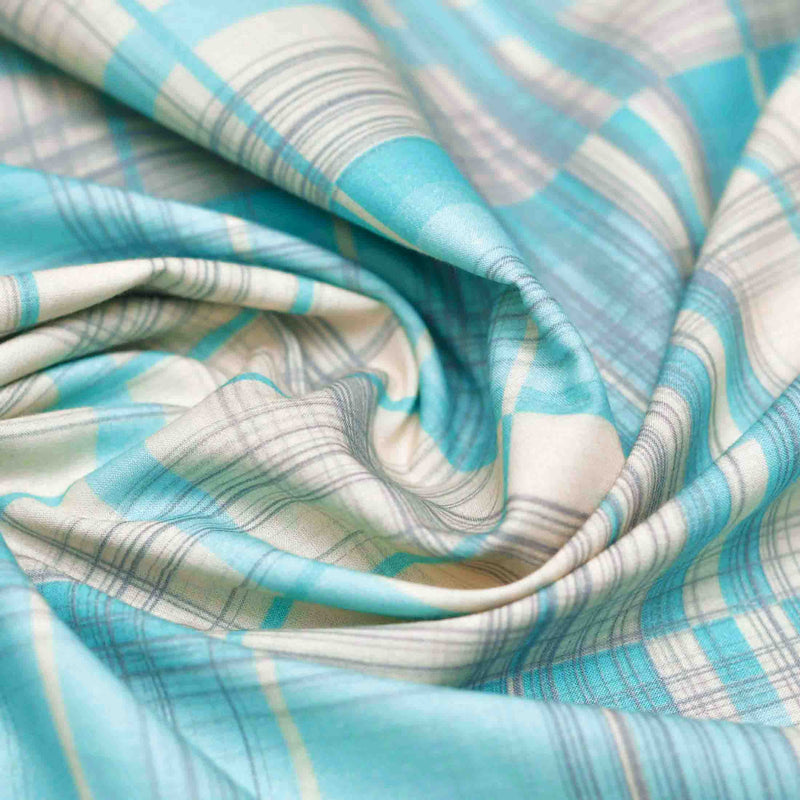 Blue Checkered Screen Printed Cotton Fabric
