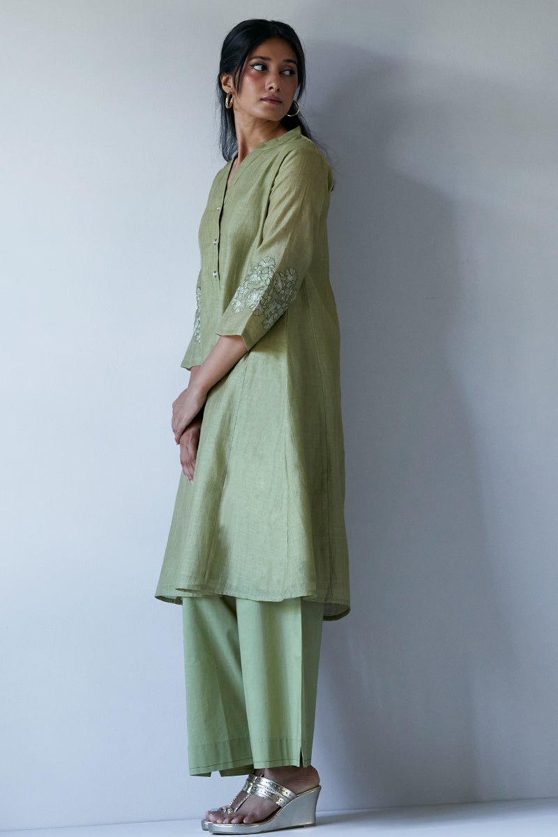 Green Sand Silk Embroidered Sleeve Kurta With Cotton Bottom