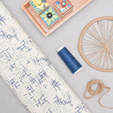 Cream and Blue Hand Printed Geometrical Screen Printed Cotton Fabric