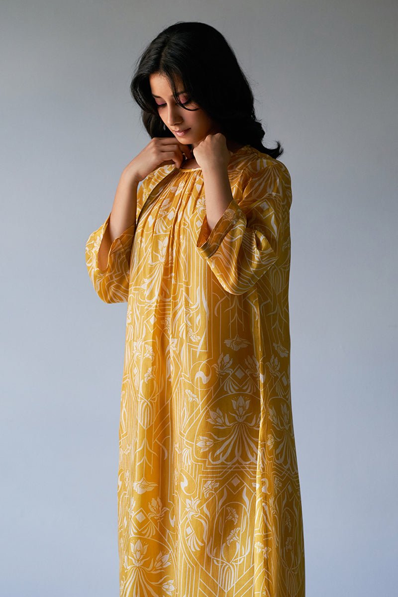 Mustard Yellow and Beige Bemberg Silk Printed Co-ord Set