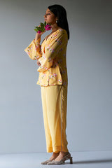 Yellow Crepe Silk Printed Co-ord Set With Detailing Lace Work on Bottom Seam Line