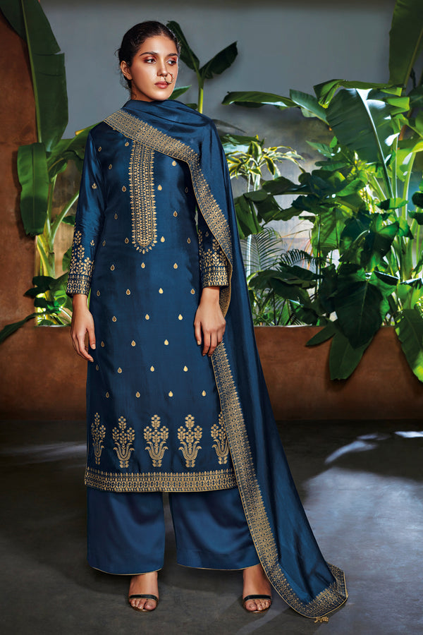 C0522-S Blue Bemberg Silk Jacquard Kurta with Bemberg Silk Dupatta 