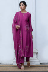 Wine Raw Silk Salwar Suit With Organza Dupatta