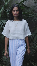 White Linen Top With Linen Striped Trousers