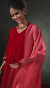 Red Velvet Embroidered Top With Organza Dupatta