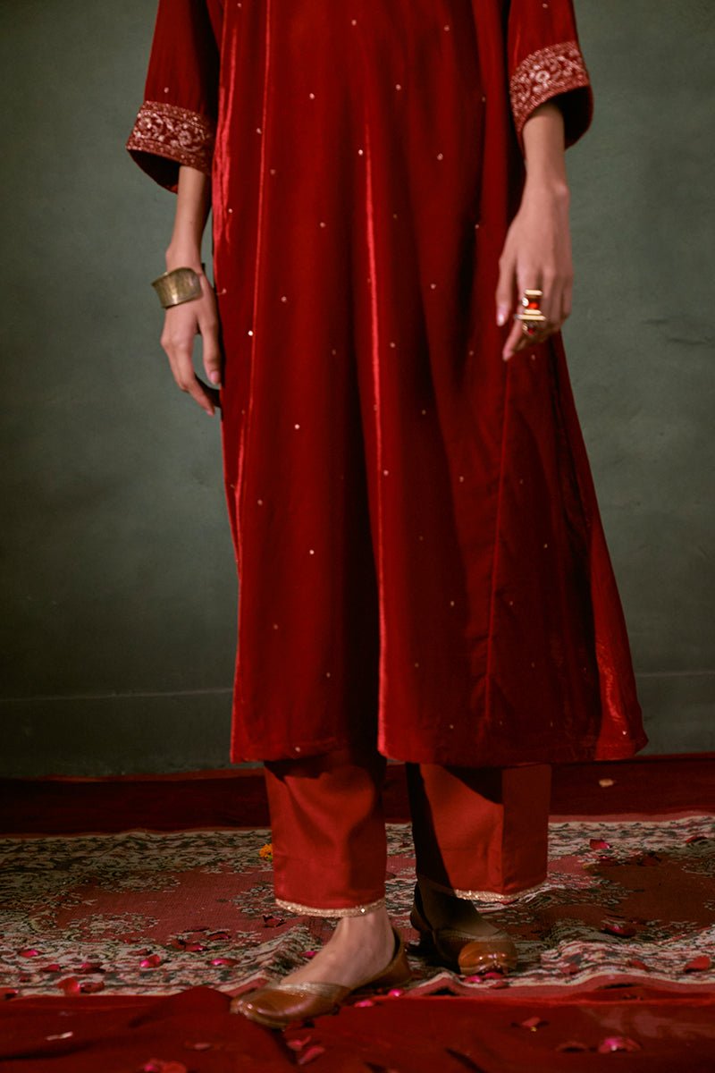 Red Velvet Embroidered Top With Organza Dupatta