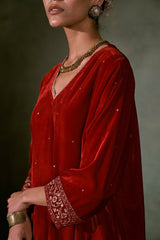 Red Velvet Embroidered Top With Organza Dupatta