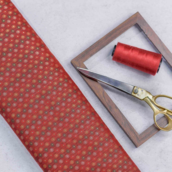 Red Circular Geometric Pattern Banarasi Fabric