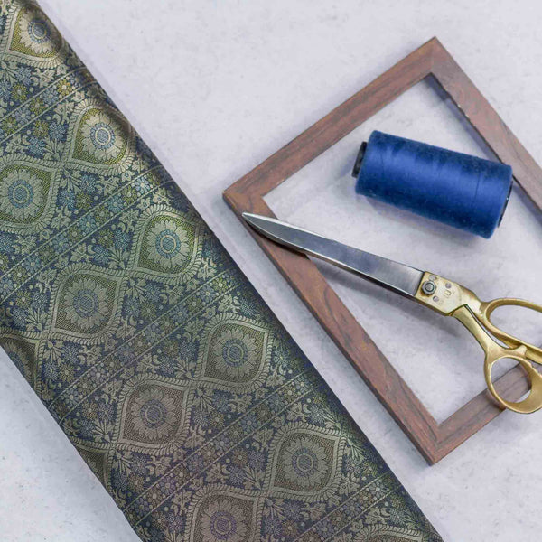 Blue Floral Pattern Woven Zari Banarasi Fabric