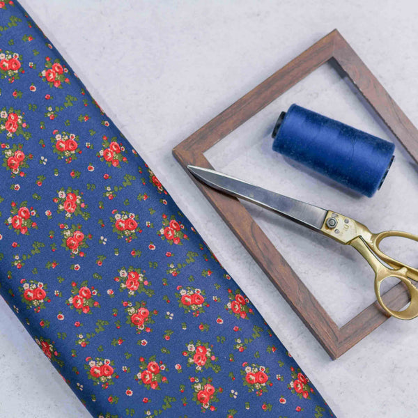 Blue Floral Pattern Screen Printed Cotton Satin Fabric