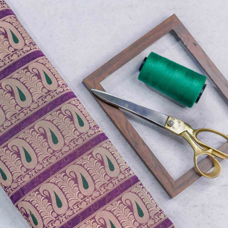 Purple Paisely Pattern Woven Zari Banarasi Fabric