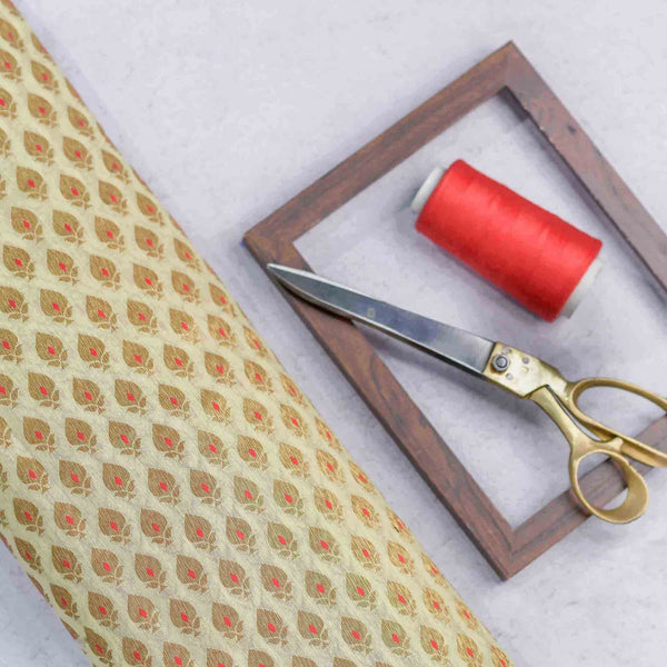 Beige Woven Leaf Jacquard Banarasi Fabric