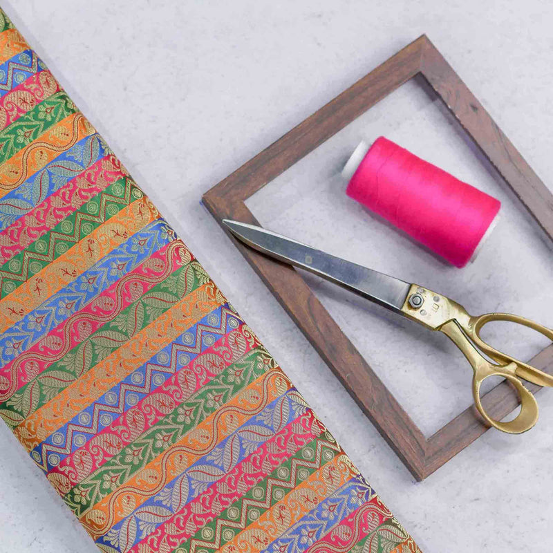 Multicolor Traditional Pattern Woven Zari Banarasi Fabric