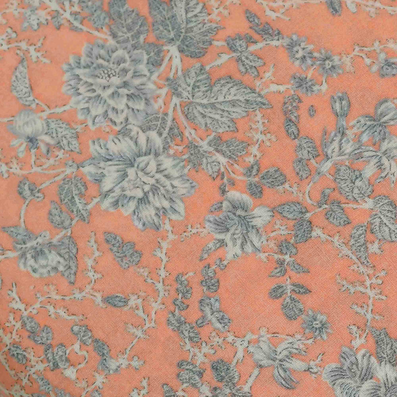 Orange Floral Pattern Screen Printed Cotton Fabric