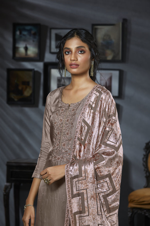 Habutai Silk Embroidered Suit with Velvet Dupatta