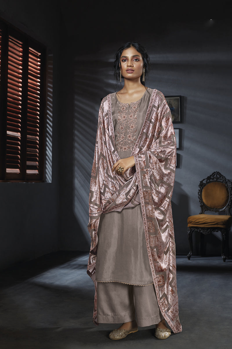 Habutai Silk Embroidered Suit with Velvet Dupatta