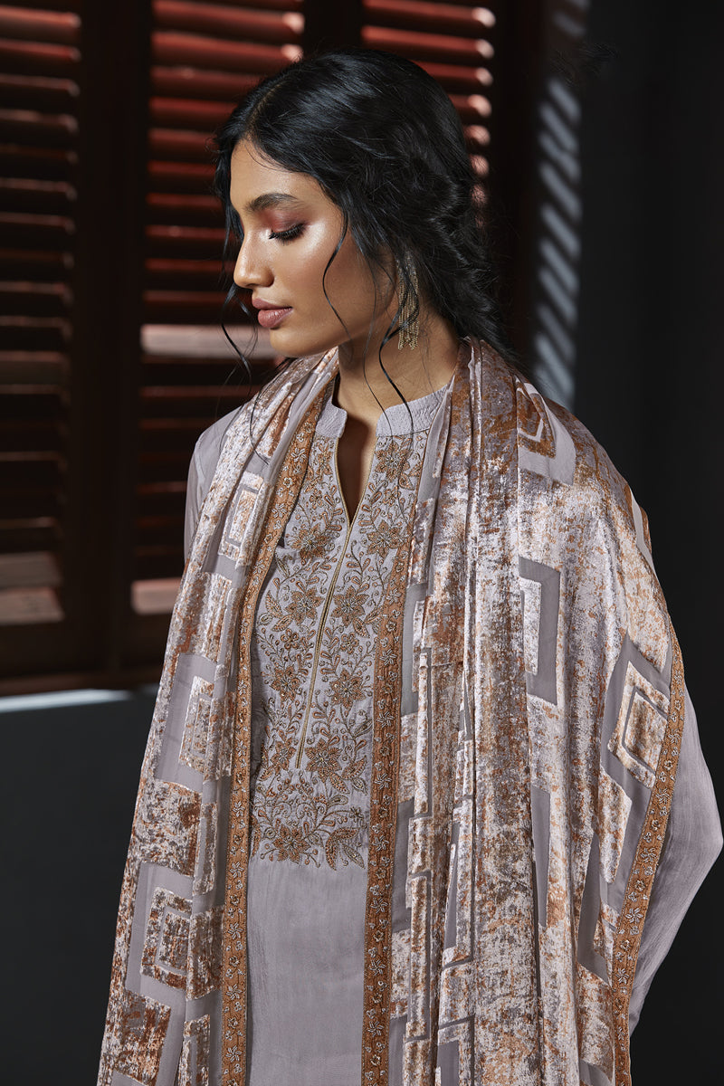 Habutai Silk Embroidered Suit with Velvet Dupatta