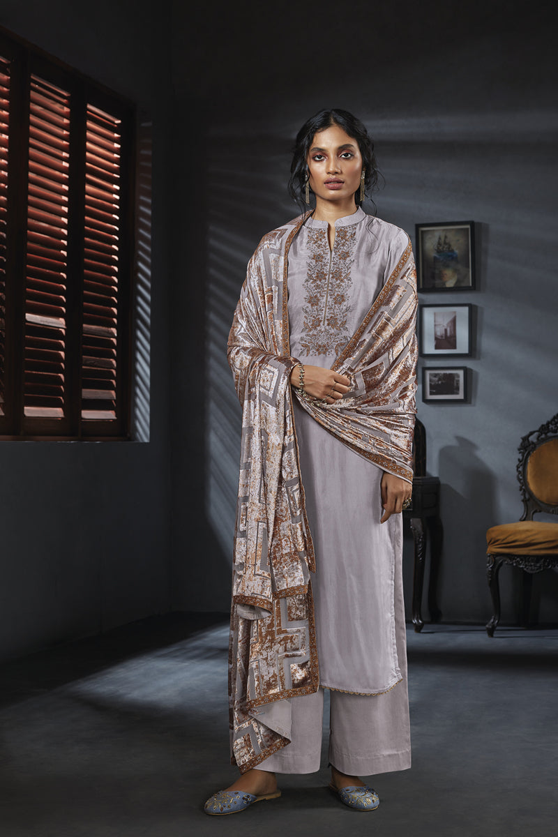Habutai Silk Embroidered Suit with Velvet Dupatta