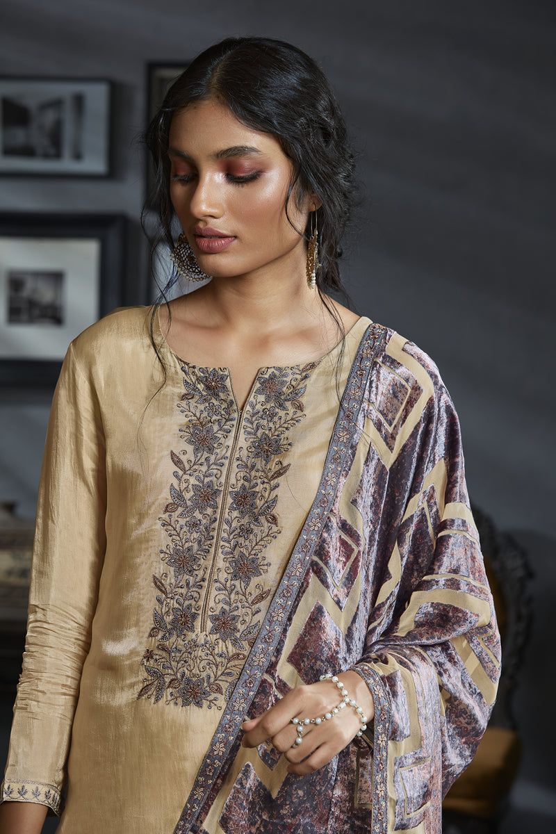Habutai Silk Embroidered Suit with Velvet Dupatta