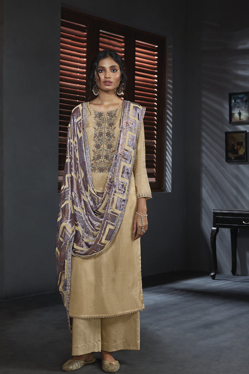 Habutai Silk Embroidered Suit with Velvet Dupatta