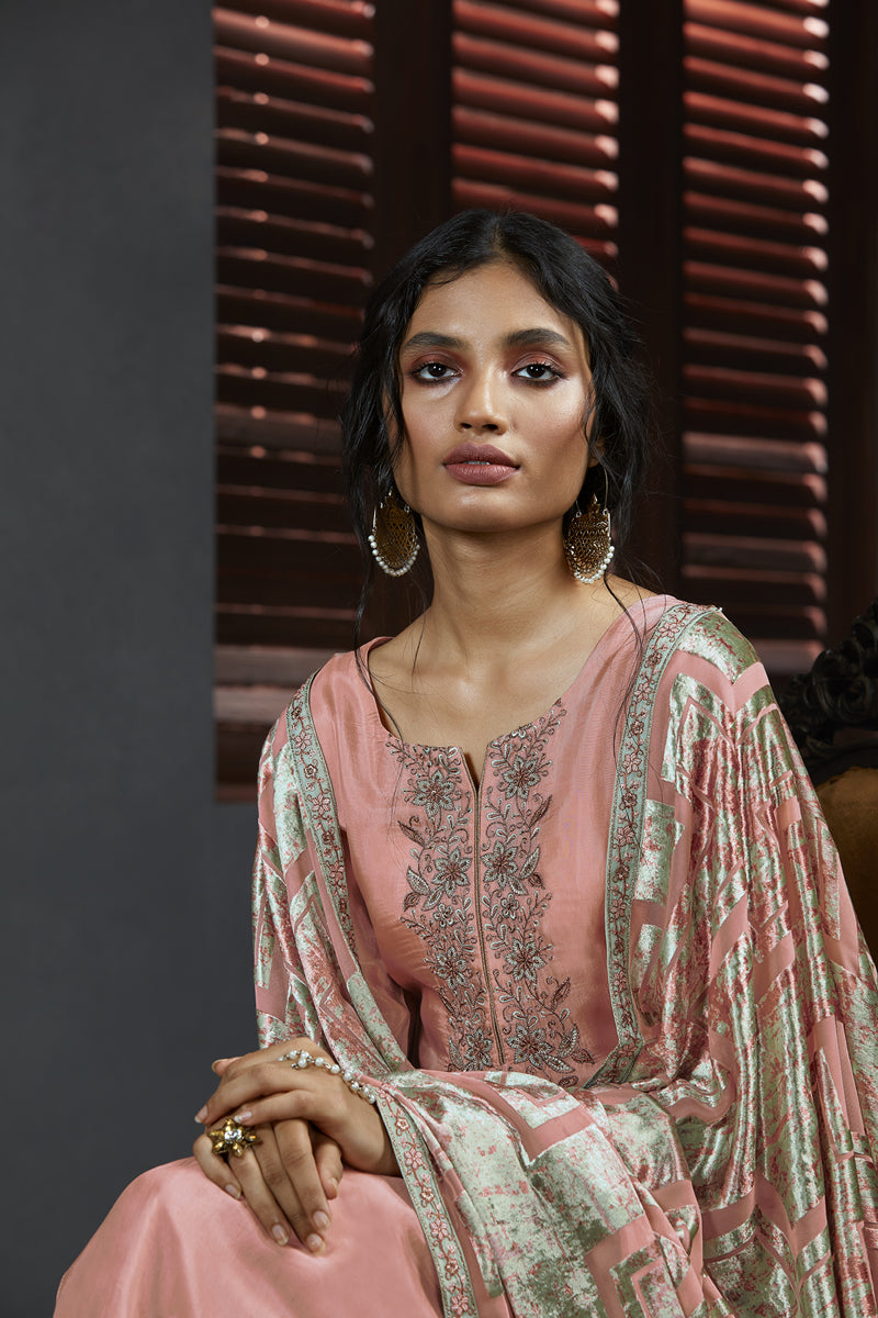 Habutai Silk Embroidered Suit with Velvet Dupatta