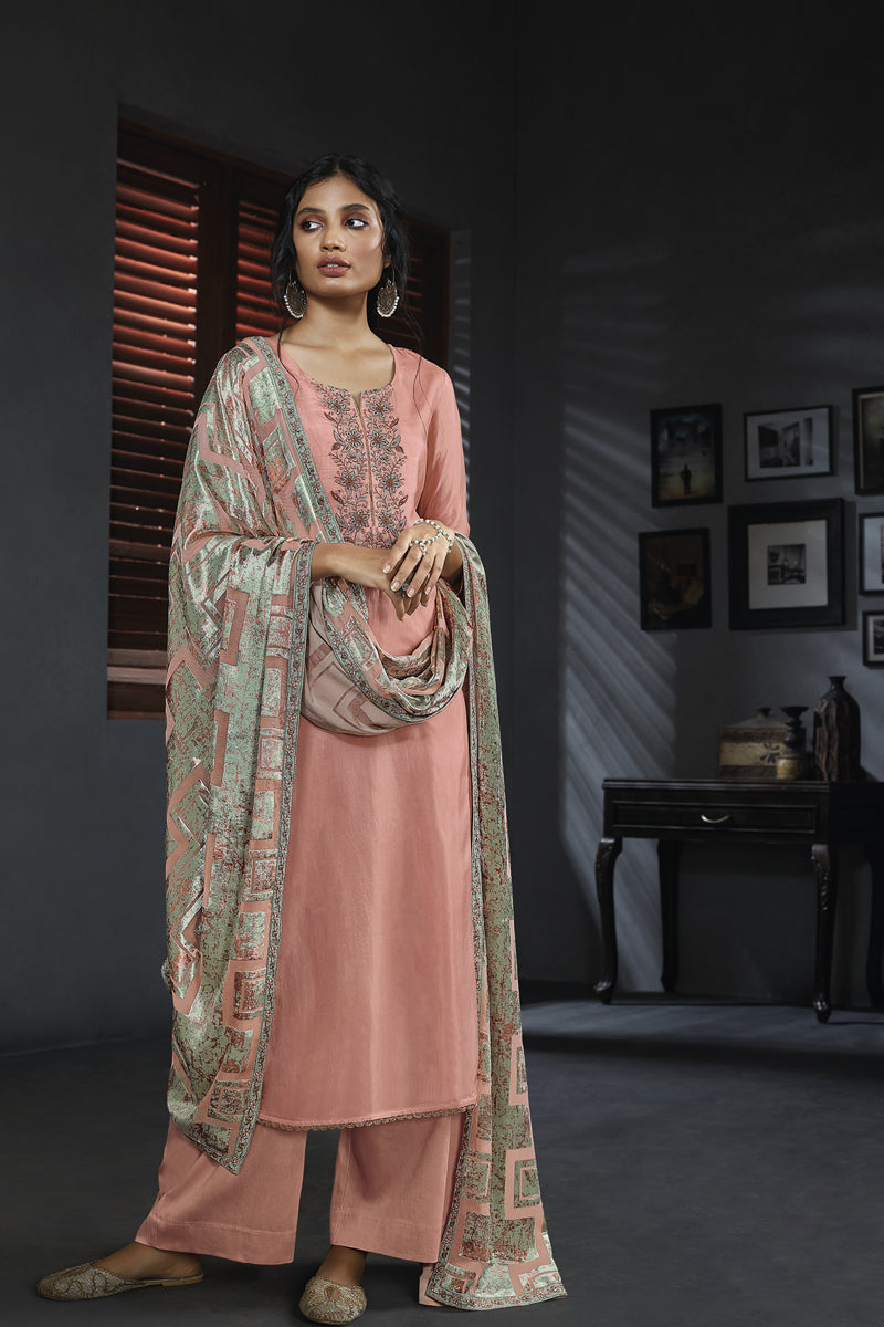Habutai Silk Embroidered Suit with Velvet Dupatta