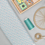 White and Blue Small Floral Screen Printed Cotton Fabric