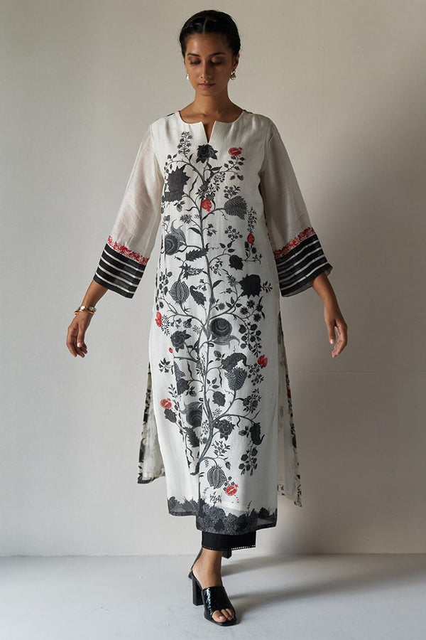 Pomegranate Tree Printed Moonga Silk Kurta with Embroidered Sleeves and Cotton Bottom