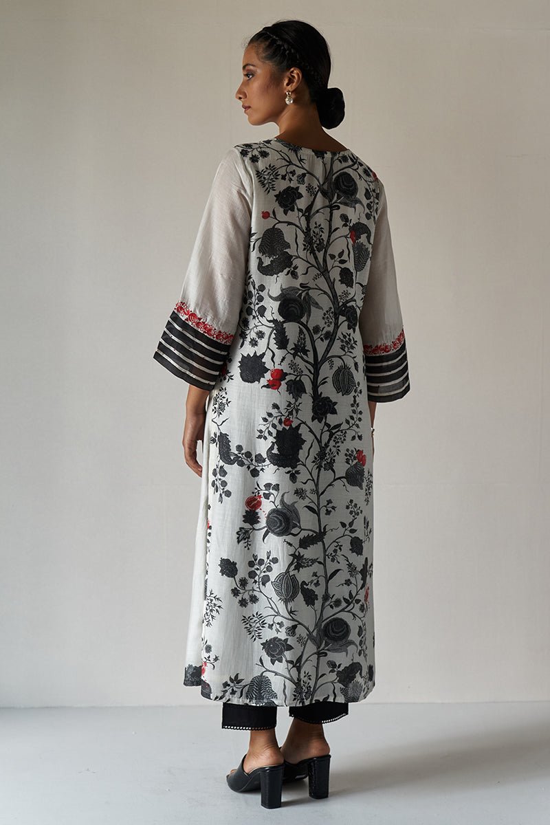 Pomegranate Tree Printed Moonga Silk Kurta with Embroidered Sleeves and Cotton Bottom