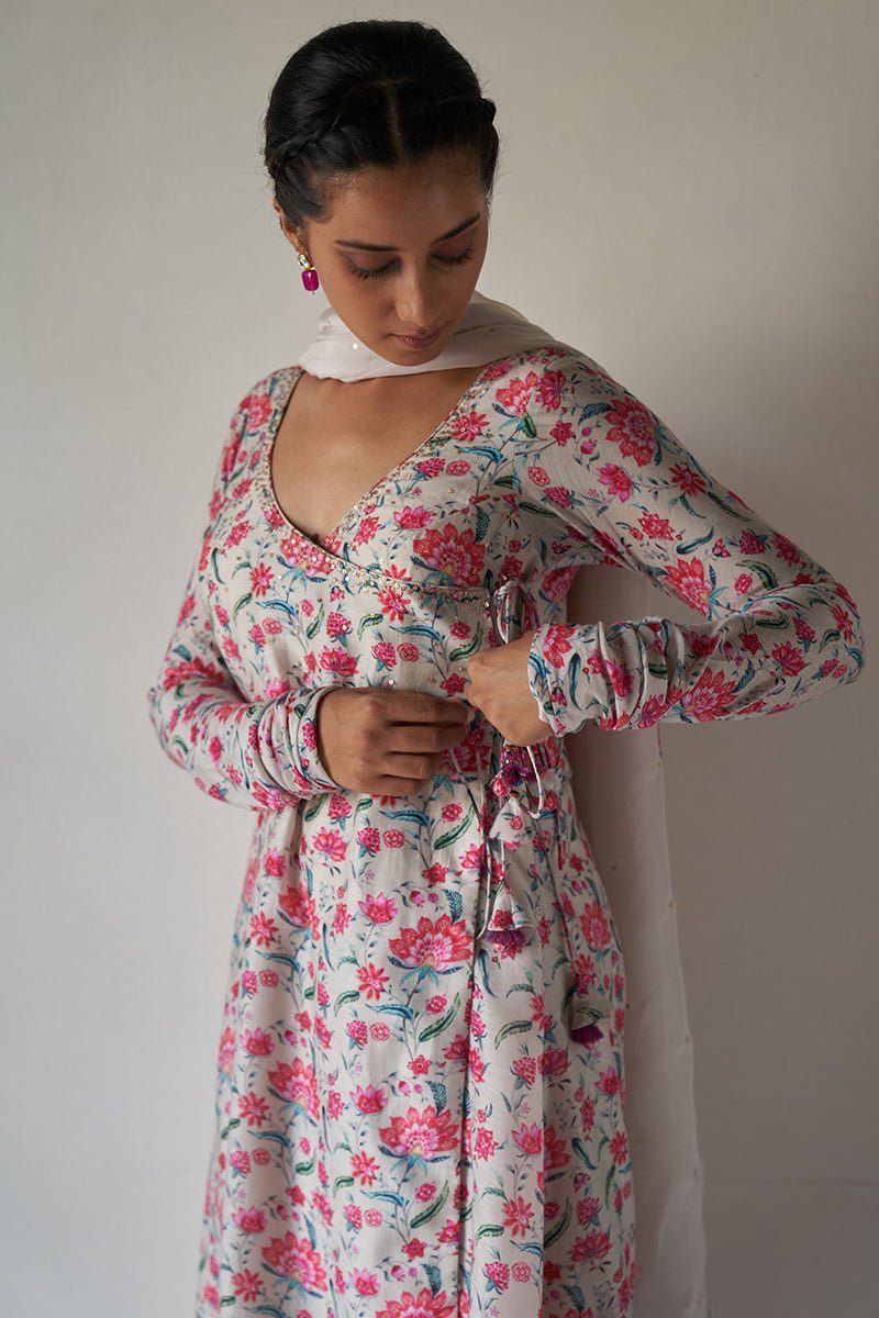 Ivory and Pink Chintz Printed Moonga Silk Kurta with Organza Dupatta with Tassels and Golden Foil