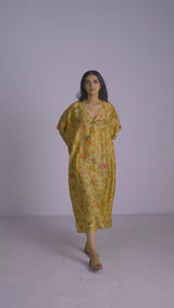 Ochre Yellow Bemberg Raw Silk Chintz Printed Kaftan With Tassel Detailing