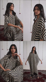 Cream and Black Viscose Crepe Printed Kaftan With Viscose Crepe Bottom