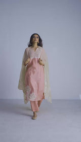 Coral Almond Woven Kurta And Contrast Dupatta With Hand Work Detailing