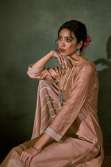 Beige Russian Silk Top With Organza Embroidered Dupatta