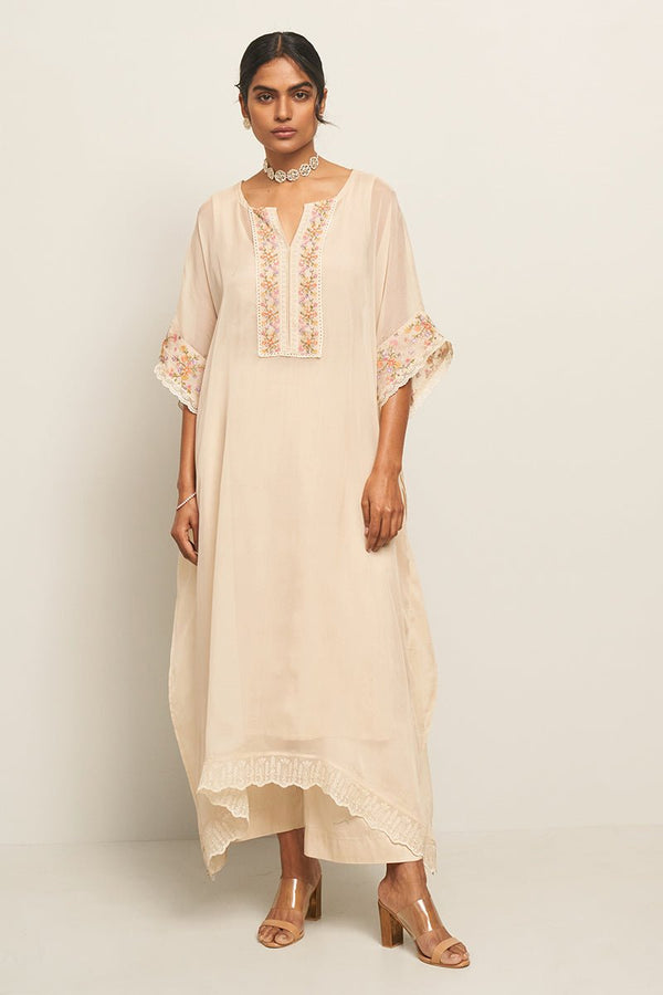 Almond Milk Organza Kaftan With Multi Colour Thread Embroidery With Lace Detailing