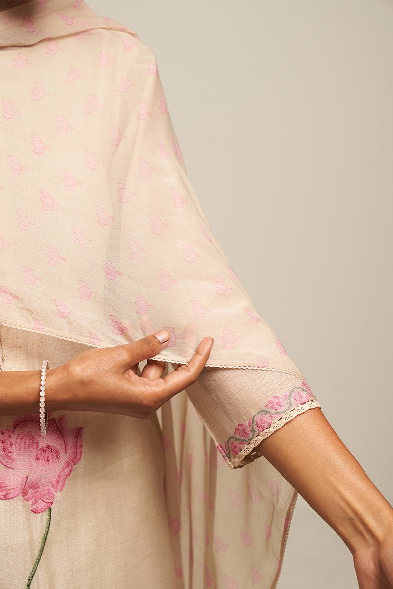 Parchment Beige Cotton Linen Woven Kurta With Lotus Printed Chiffon Dupatta