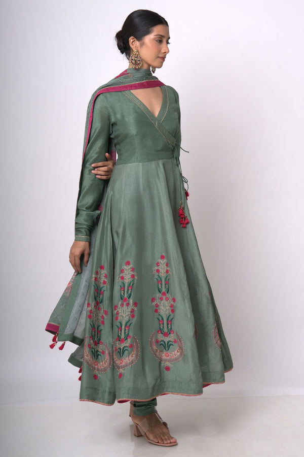 Aspen Green Raw Silk Anarkali Salwar Suit - Ganga Fashions