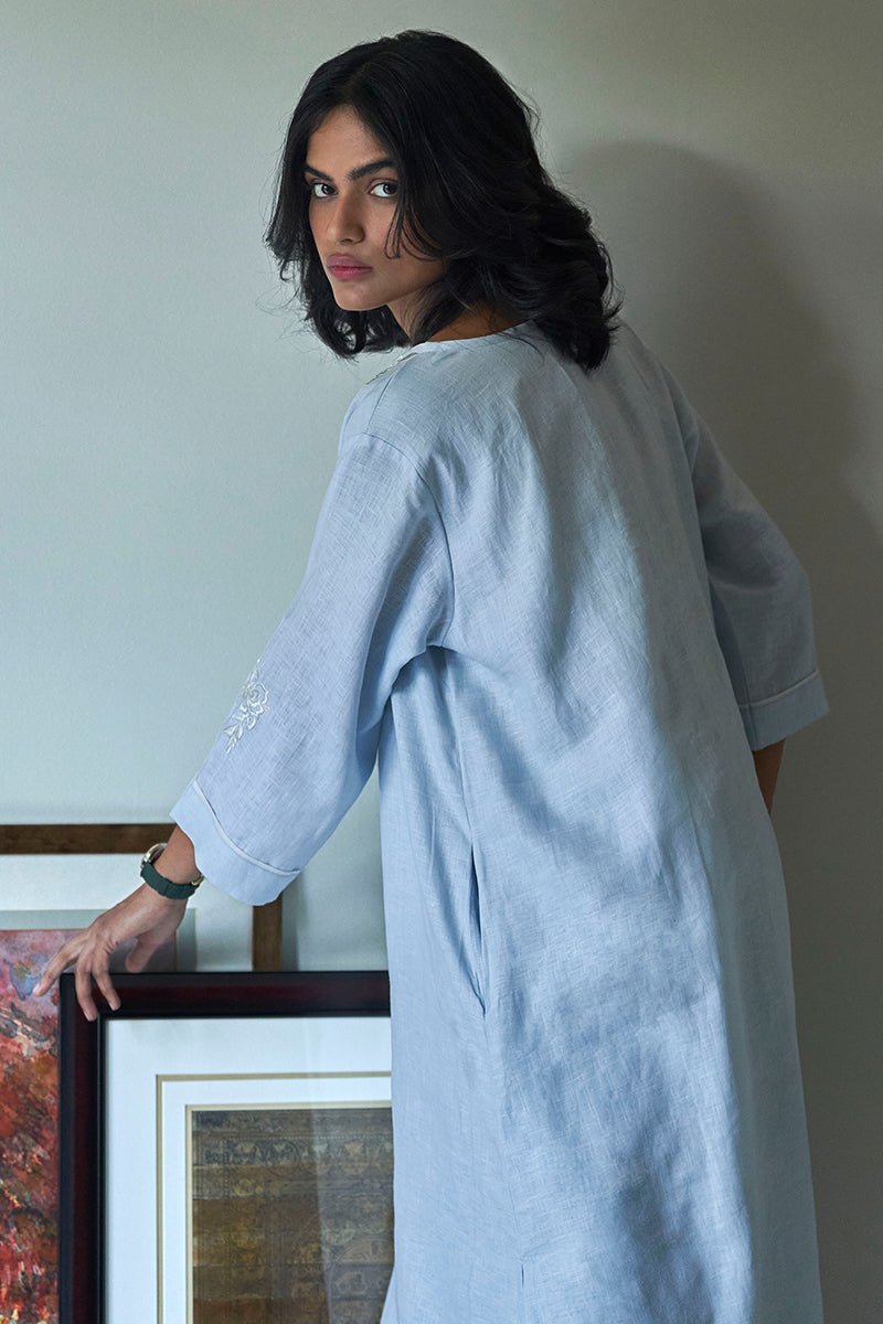 Pastel Blue Linen Top With Thread Embroidery Detailing on Neck and Sleeves