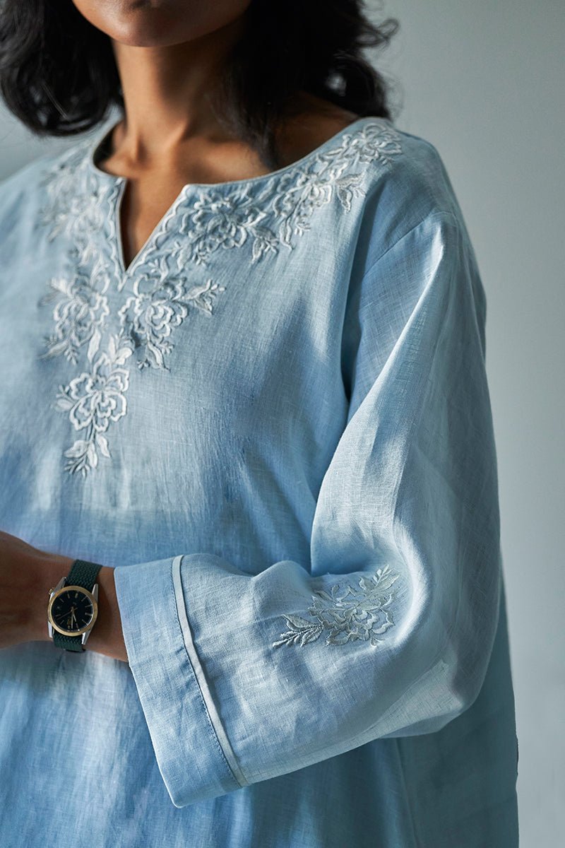 Pastel Blue Linen Top With Thread Embroidery Detailing on Neck and Sleeves